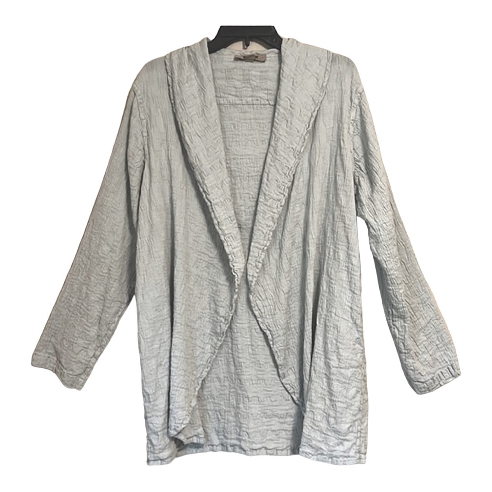 FLAX Linen Slub Cotton Textured Light Blue Long Sleeve Draped Cardigan Sweater L